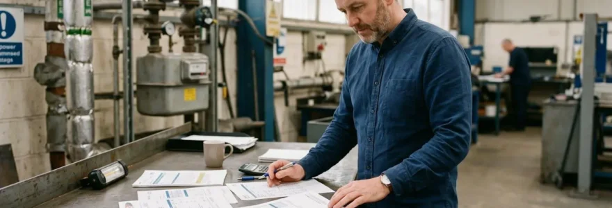 Chef d'entreprise analysant ses factures de gaz dans un cadre industriel