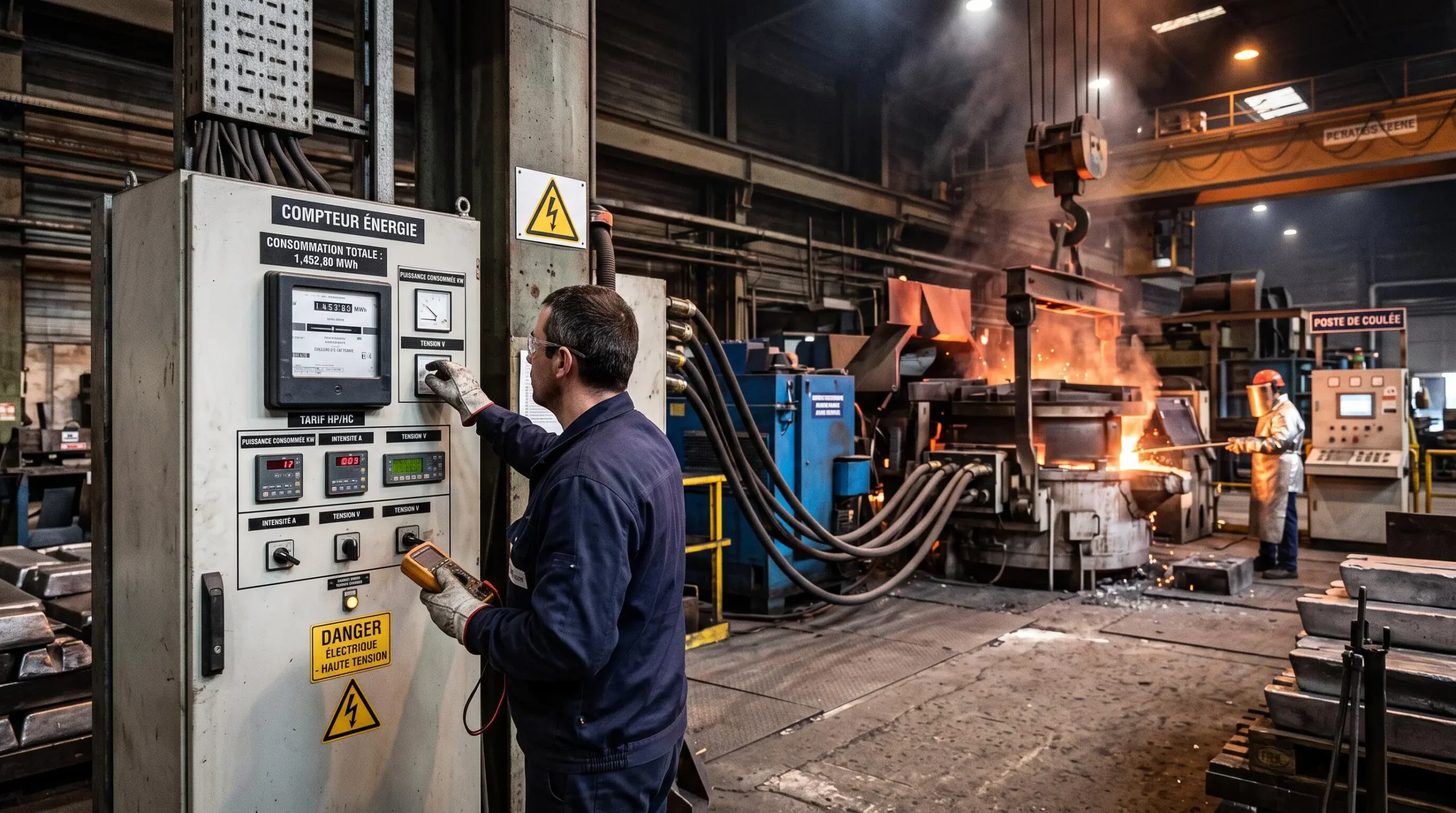 Atelier de métallurgie moderne avec équipements industriels haute consommation et technicien vérifiant le compteur électrique