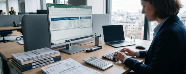 Bureau contemporain d'un responsable financier avec facture d'électricité professionnelle ouverte, calculatrice et écran d'ordinateur affichant un tableau de charges énergétiques