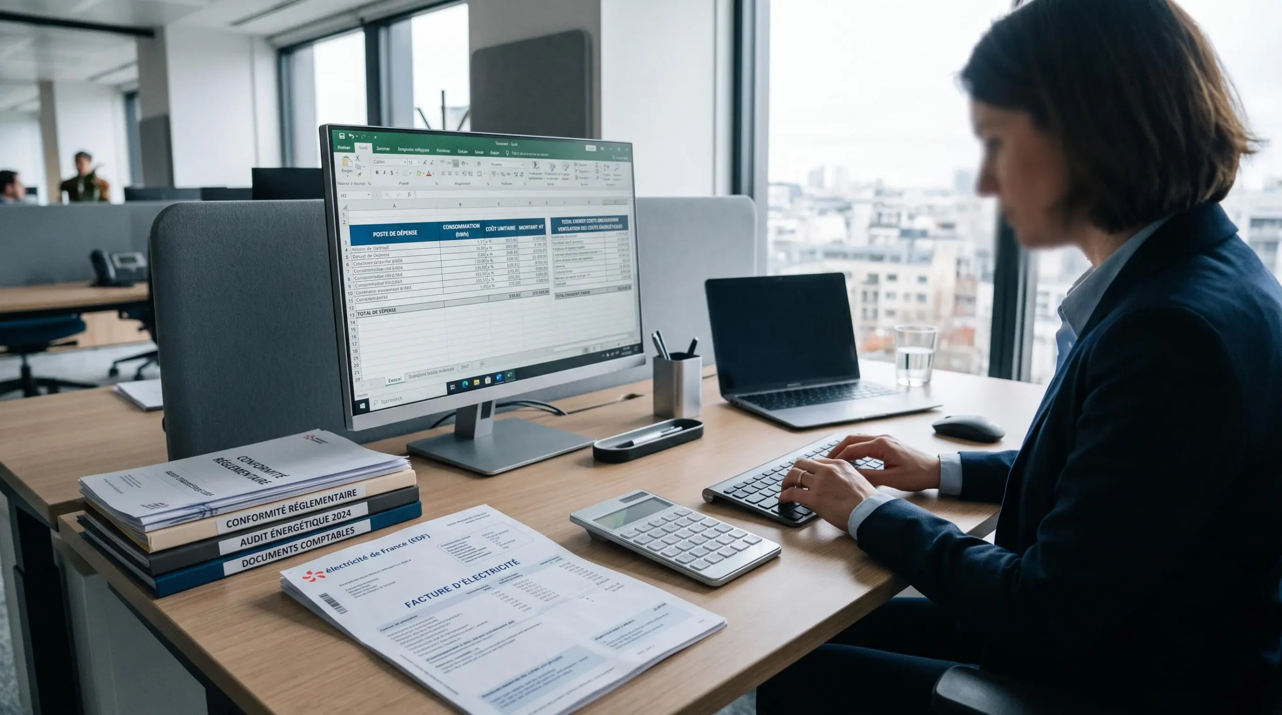 Bureau contemporain d'un responsable financier avec facture d'électricité professionnelle ouverte, calculatrice et écran d'ordinateur affichant un tableau de charges énergétiques
